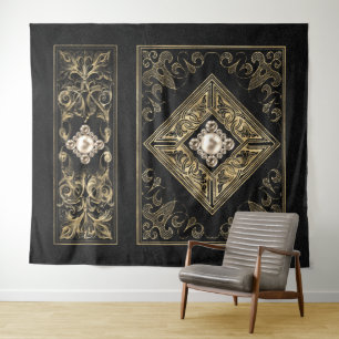 Tenture Opulence Ornée Floraison noire et dorée ornée de