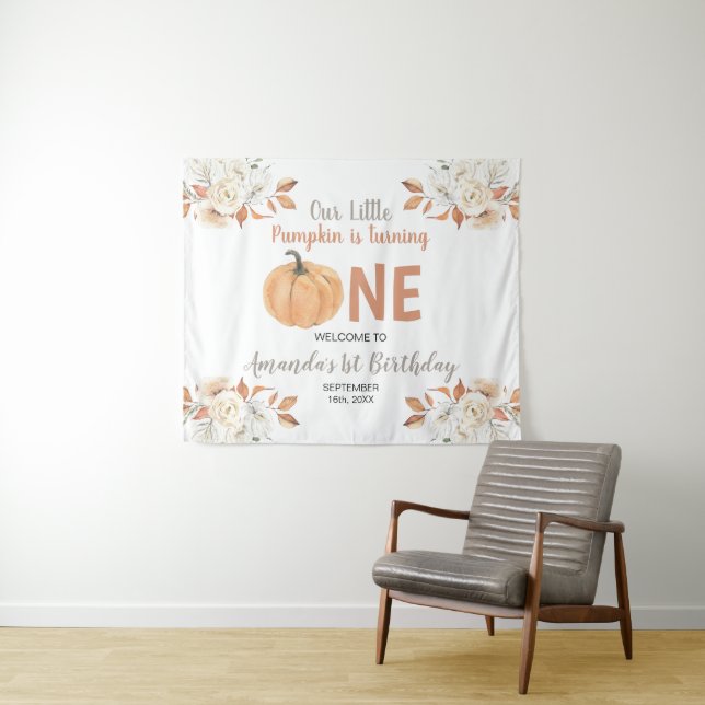 Tenture Orange Citrouille 1er anniversaire Rustique Floral (En situation (horizontale))