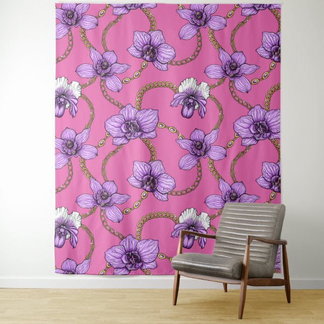Tenture Orchidées et chaînes, violet et rose (En situation)