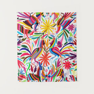Tenture Otomi coloré imprimé, Motif floral/animal