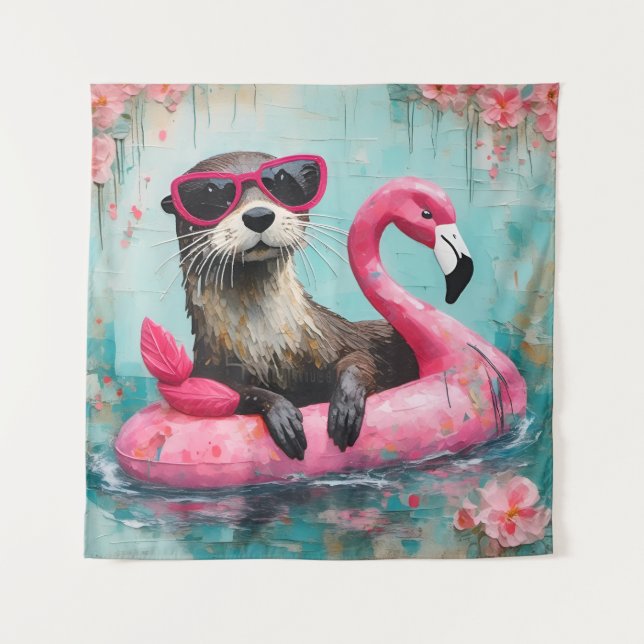 Tenture Otter flottant sur un Flamant rose rose drôle Coll (Devant)