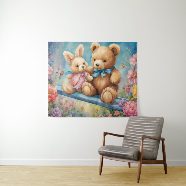 Tenture Ours en peluche et lapin Assis dans le jardin (En situation (horizontale))