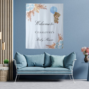 Tenture Ours en peluche pour baby shower garçon bleu herbe