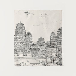 Tenture Pagode de Saïgon Viêt-Nam Tirage d'encre de stylo