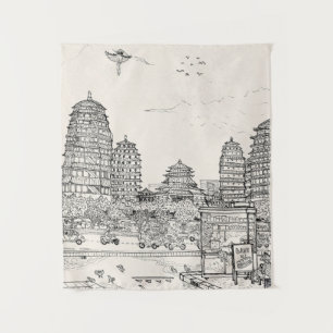 Tenture Pagode de Saïgon Viêt-Nam Tirage d'encre de stylo