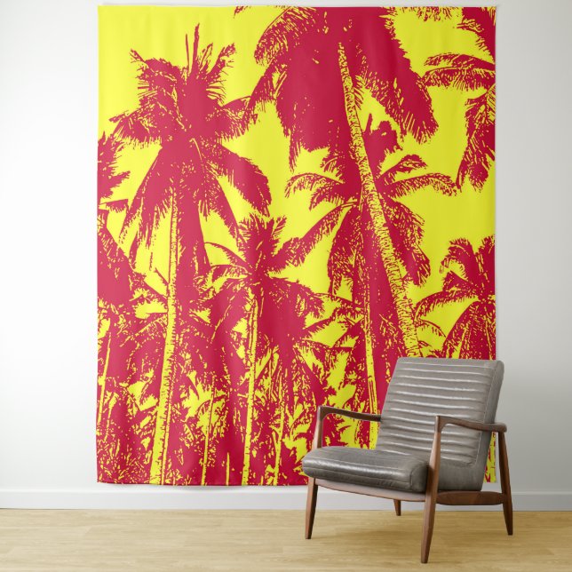 Tenture Palmiers Design Rouge & Jaune Effet Posterisé (En situation)