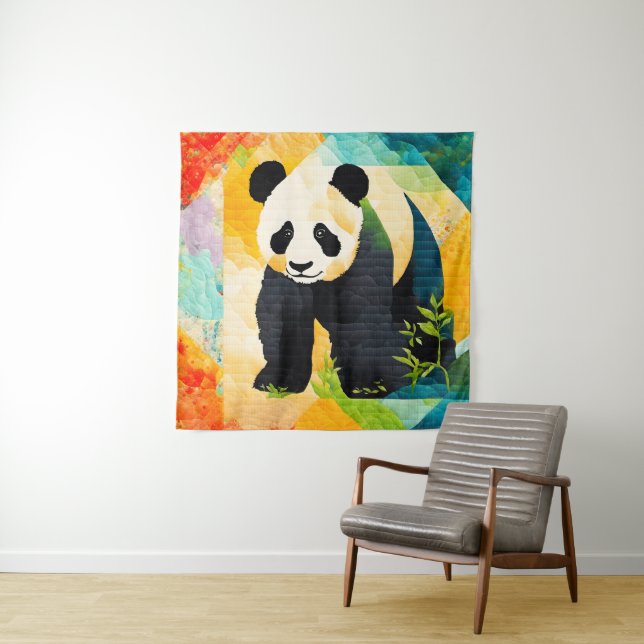 Tenture Panda Bear Quilt Look Tapestry (En situation)