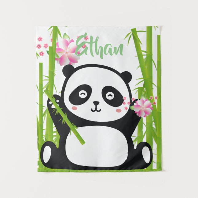Tenture Panda heureux avec bambou et fleurs de cerisiers (Devant)