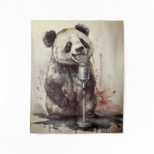 Panda mignonne chantant à travers microphone rétro