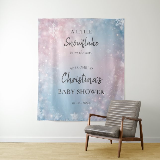 Tenture Panneau de Baby Shower Genre Neutre Flocon de Neig (En situation)