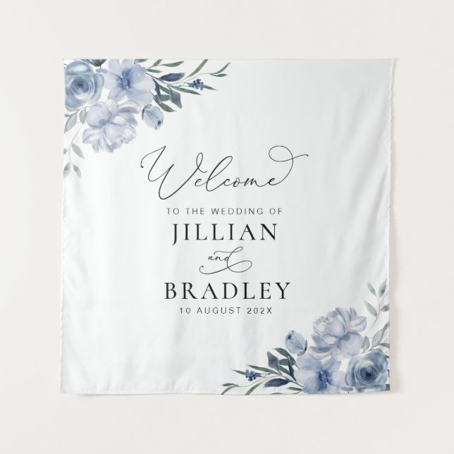 Tenture panneau de bienvenue de mariage à fleurs bleu pous (Devant)