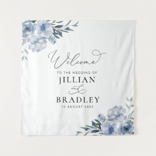 Tenture panneau de bienvenue de mariage floral bleu poussi