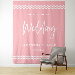 Tenture Panneau de Bienvenue de Mariage Rose Pâle Toile de