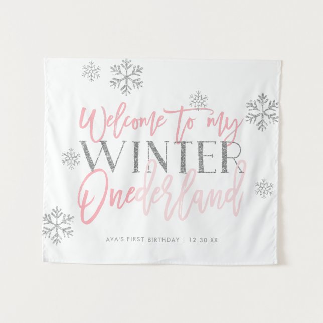 Tenture Panneau de bienvenue rose avec paillettes argentée (Devant (Horizontal))