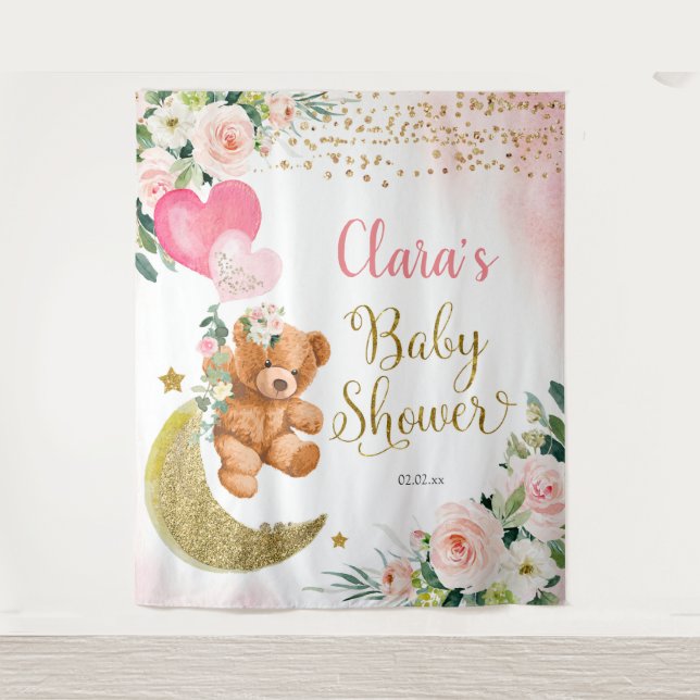 Tenture Panneau de Fête de Bébé Fille Ballon Ours Rose (Devant)