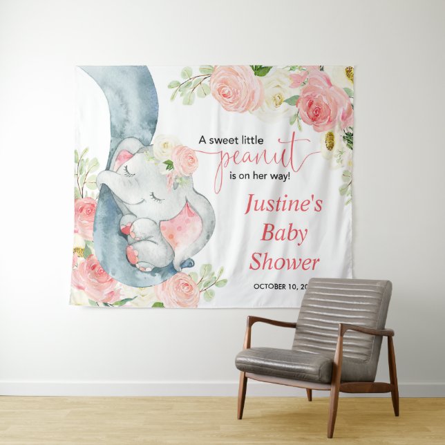 Tenture Panneau de fond de fête prénatale éléphant floral  (En situation (horizontale))