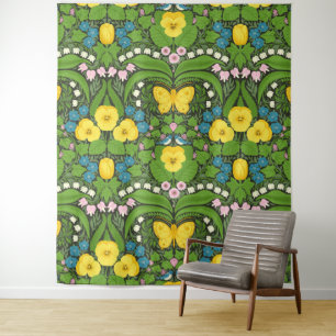 Tenture Pansies jaunes, oiseaux et papillons