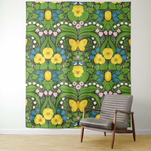 Tenture Pansies jaunes, oiseaux et papillons (En situation)
