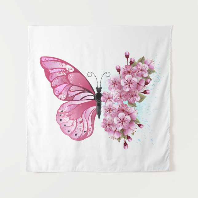 Tenture Papillon à fleurs avec Sakura rose (Devant)