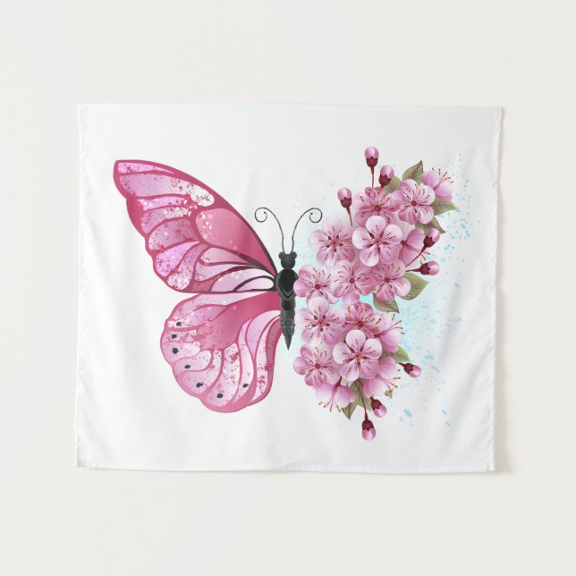 Tenture Papillon à fleurs avec Sakura rose (Devant (Horizontal))