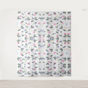 Tenture Papillon bleu et fleurs roses à l'aquarelle vintag