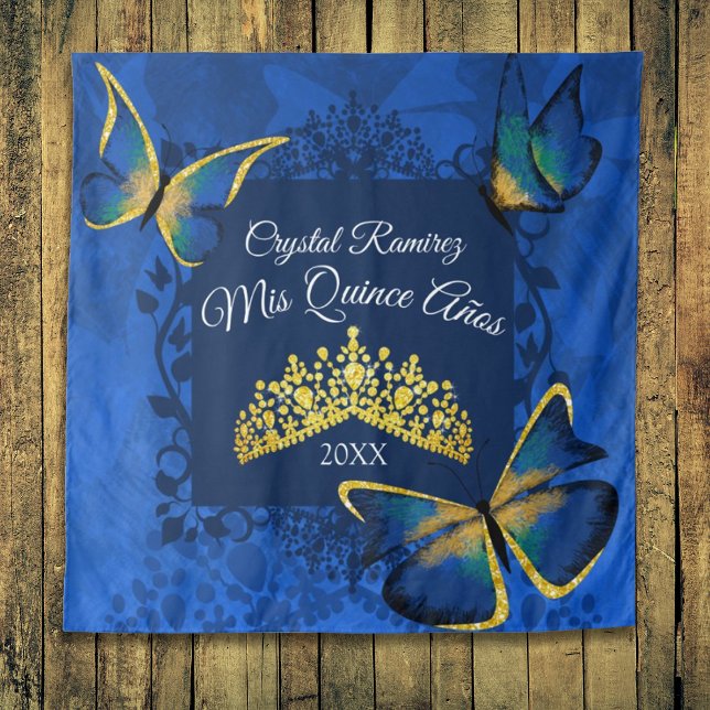 Tenture Papillon Or Bleu, Fond pour Quinceanera (blue gold party drape tapestry quinceanera mis quince anos wall sign banner welcome to quinceanera)