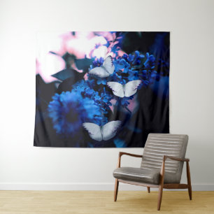Tenture Papillons blancs Fleurs bleues, papillon