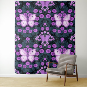 Tenture Papillons et symétrie des fleurs, violet et bleu