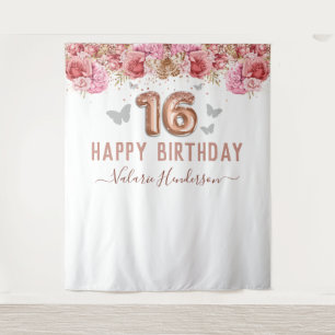 Tenture Papillons Floraux Rose Joyeux 16ème Anniversaire T