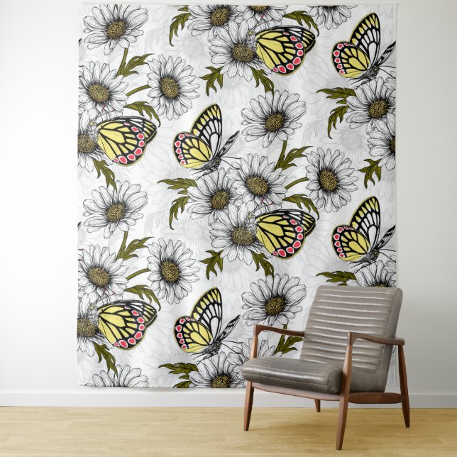 Tenture Papillons Jézabel et fleurs marguerites sur blanc (En situation)