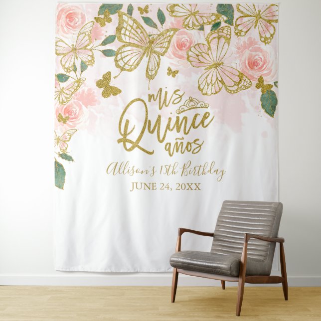 Tenture Papillons rose Quinceanera Fond Floral (En situation)