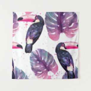 Tenture Paradis tropical avec perroquets aquarelles et pal