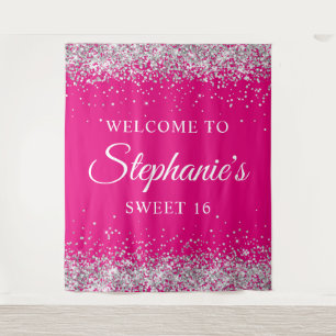 Tenture Parties scintillant Argent Hot rose Sweet 16 Anniv