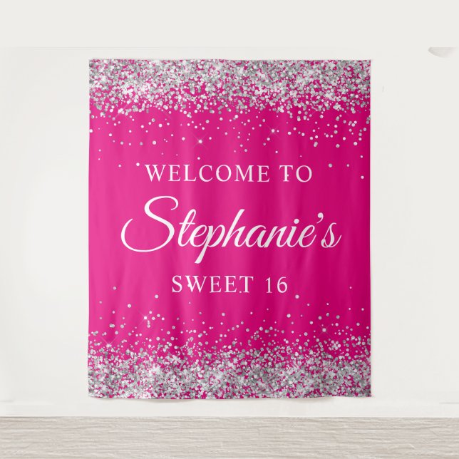 Tenture Parties scintillant Argent Hot rose Sweet 16 Anniv (Devant)