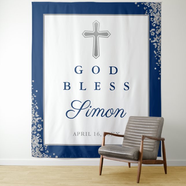 Tenture Parties scintillant Argent Marine Bleu Personnalis (En situation)