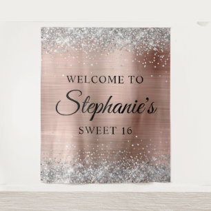 Tenture Parties scintillant argent Rose or huile Bienvenue