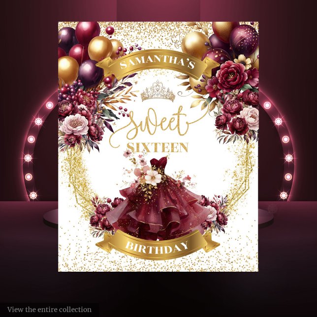 Tenture Parties scintillant d'or Sweet 16 fond Fleurs Bour (Gold Glitter Sweet 16 Backdrop Burgundy Flowers)