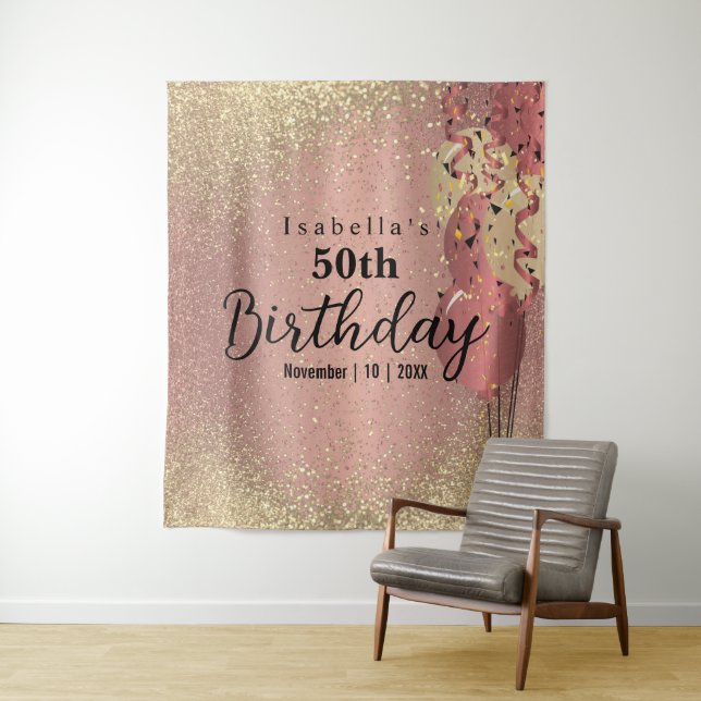 Tenture Parties scintillant or et or rose Anniversaire (En situation)