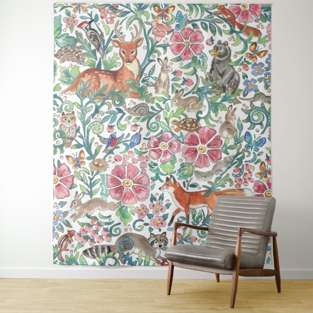 Tenture Pastel Woodland Animal Deer Fox Rabbit Grand  (En situation)
