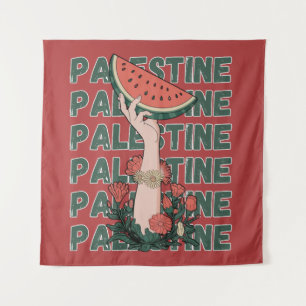 Tenture pastèque, fleurs et texte Palestine Répéter