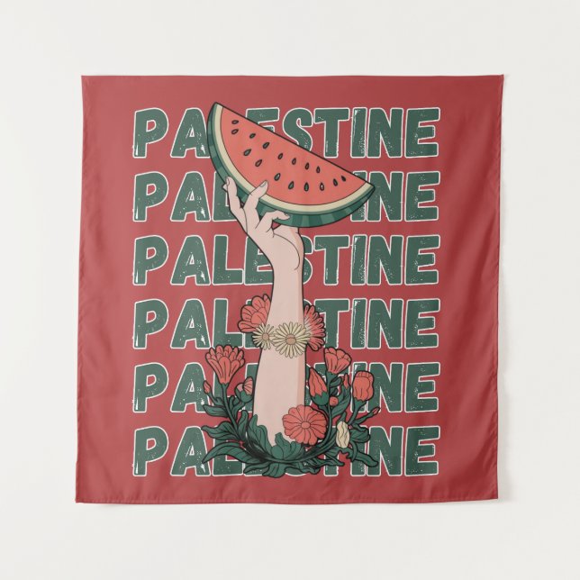 Tenture pastèque, fleurs et texte Palestine Répéter  (Devant)