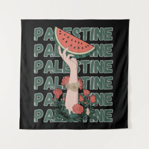 Tenture pastèque, fleurs et texte Palestine Répéter