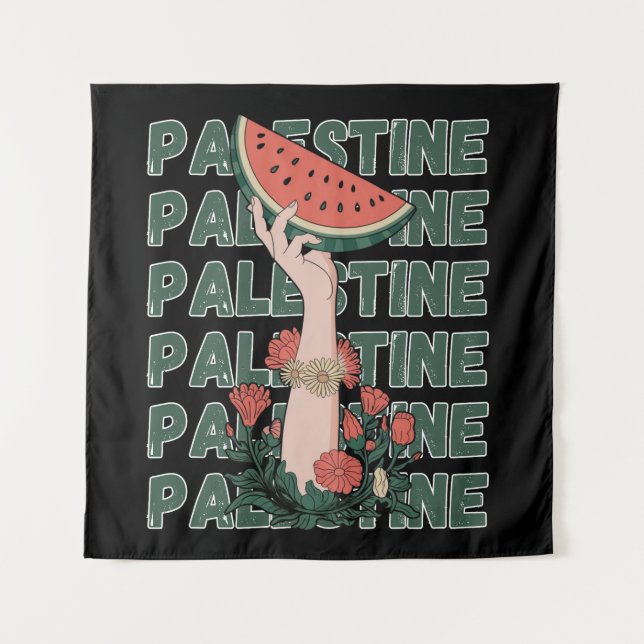 Tenture pastèque, fleurs et texte Palestine Répéter  (Devant)