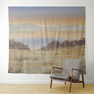 Tenture Paysage d'aquarelle bleu du lac Dusk Imprimer