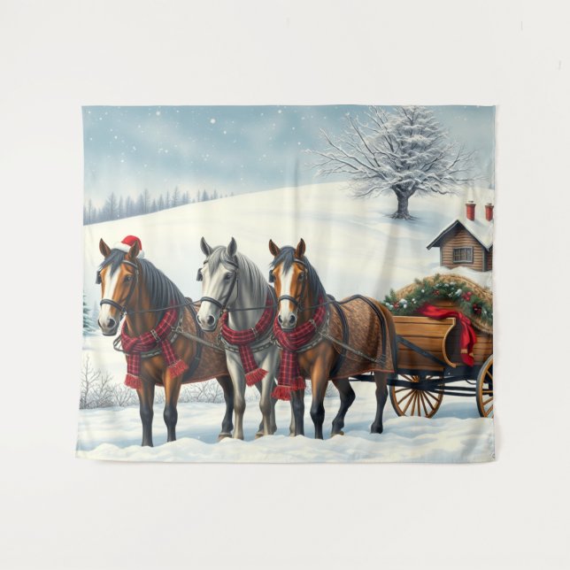 Tenture Paysage hivernal avec chevaux et Cabine (Devant (Horizontal))