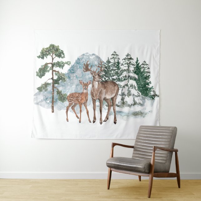 Tenture Paysage hivernal cher et neige de pin (En situation (horizontale))