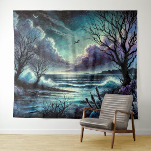 Tenture Paysage marin lunaire mystique avec vagues et arbr