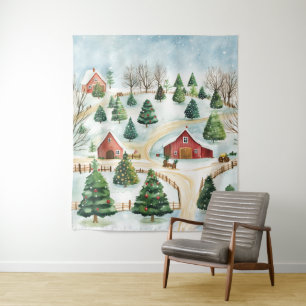 Tenture Paysage rustique hivernal à l'aquarelle avec des s