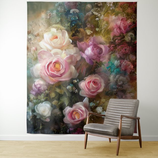Tenture Peintes Roses Blanches Et Roses Douces De Style An (En situation)