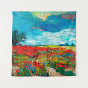 Tenture peinture à l'huile de champs de fleurs sur toile.